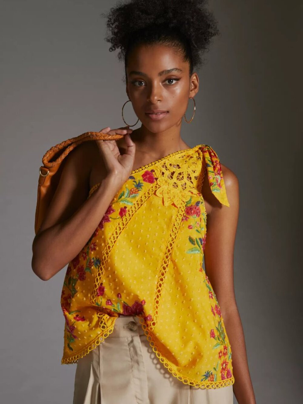 Farm Rio One Shoulder Embroidered Floral Top Yellow Cotton Size M NWT